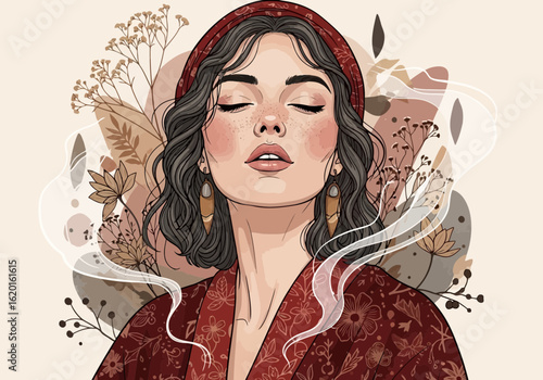 Flat illustration of portrait of a serene woman with closed eyes and botanical elements