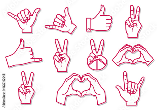 Flat illustration of collection of hand gestures and signs isolated on white background