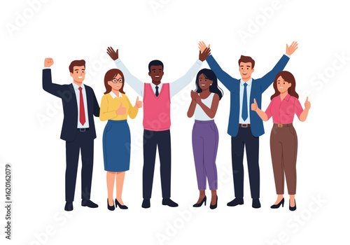 Flat illustration of diverse group of happy business people celebrating success, isolated on white background