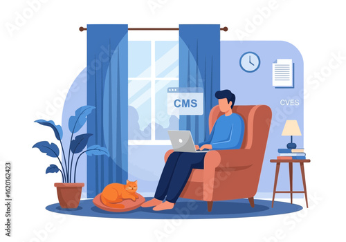Flat illustration of man working on a laptop with cms on screen in a cozy living room with a cat