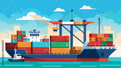 Vector art of a large container ship is loaded by a crane in a port, with a small tugboat nearby, representing the complex operations of global shipping and supply chain management