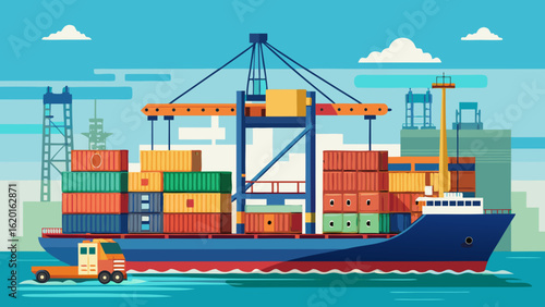 Vector art of a large cargo ship loaded with colorful containers is being loaded by a large crane at a busy port with a truck and city buildings in the background