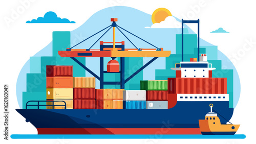 Vector art of large cargo ship loaded with containers being loaded and unloaded by a crane in a busy port, symbolizing global trade and logistics