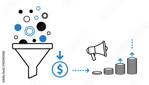 Sales funnel converting leads to customers money increasing megaphone Vector Illustration