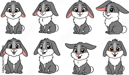 Cartoon grey bunny with floppy ears in various cute poses and facial expressions, white chest, sitting style, cad drawing flat vector illustration