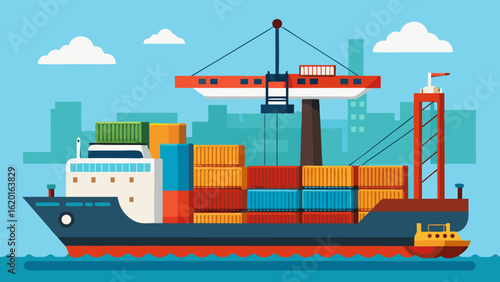 Vector art of large cargo ship loaded with colorful containers being moved by a crane in a busy port with city skyline and clouds in the background