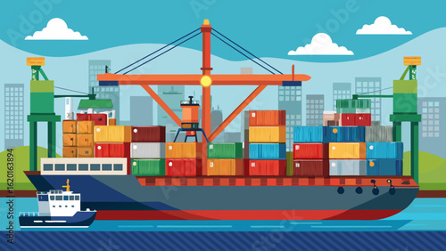 Vector art of massive container ship being loaded by cranes at a bustling port with a city skyline and clouds visible