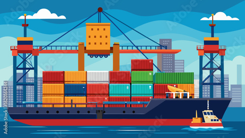 Vector art of a container ship is being loaded with cargo at a port by a large gantry crane, with a small tugboat nearby