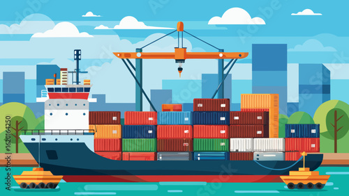 Vector art of a large cargo ship is being loaded with containers at a busy port by a large crane, with tugboats assisting in the water