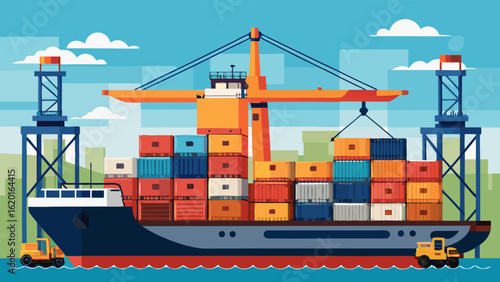 Vector art of container ship at a port with cranes and forklifts, highlighting the process of loading and unloading goods for international trade