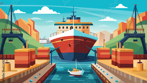 Vector art of a cargo ship is centered in a dry dock, with towering cranes and industrial buildings framing the scene in a busy maritime port