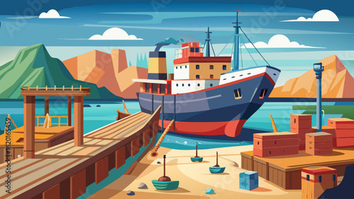 Vector art of a large cargo ship is docked at a wooden pier in a scenic harbor with mountains in the background and small boats in the water