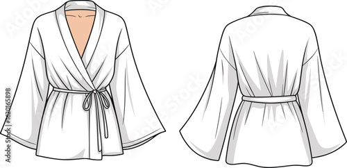 Women’s wrap blouse vector, front and back view, kimono sleeve top, belted waist shirt, fashion flat sketch, apparel illustration