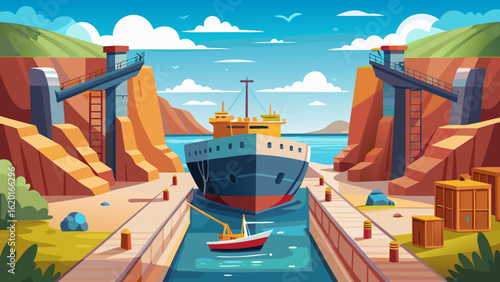 Vector art of a cargo ship navigates through a canal, flanked by industrial structures and surrounded by water, illustrating the movement of goods in global trade