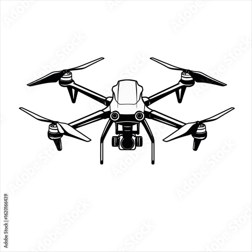 A Stylized Black and White Outline of a Quadcopter Drone with a Front-Facing Camera, Representing Modern Technology or an Aerial Device