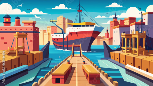 Vector art of a large cargo ship sails into a bustling harbor, with colorful buildings and docks lining the waterfront, under a bright blue sky with fluffy clouds