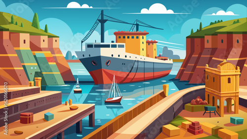 Vector art of a large cargo ship navigates through a picturesque canal, flanked by colorful hills and buildings, with sailboats and cranes visible in the distance