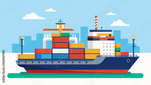 Vector art of modern container ship loaded with colorful cargo containers, sailing on the sea with a city skyline in the background