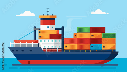 Vector art of a large cargo ship loaded with colorful containers sails across the blue ocean under a sky with white clouds, symbolizing global trade and logistics