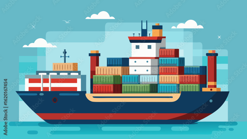 Obraz premium Vector art of a large container ship sails across the blue ocean, carrying numerous cargo containers, symbolizing global trade and international shipping logistics