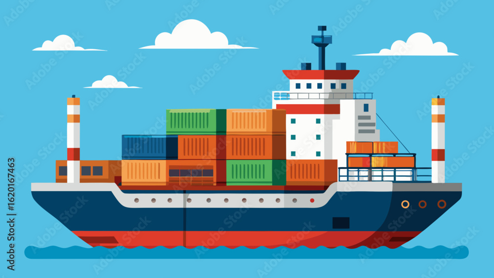 Obraz premium Vector art of a large container ship sails across the blue ocean, carrying numerous cargo containers, symbolizing global trade and international shipping logistics
