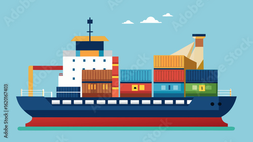 Vector art of a large cargo ship carrying numerous containers sails across the blue ocean, symbolizing global trade and international logistics
