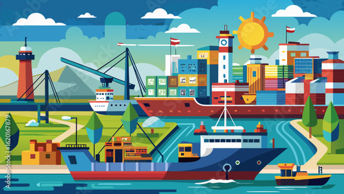 Vector art of busy maritime port scene with cargo ships, containers, cranes, and city skyline, depicting international trade and logistics in a colorful flat vector illustration