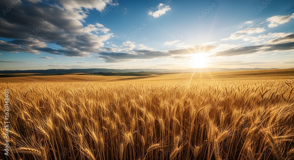Obraz premium Golden Wheat Field Shimmers Under a Sunny Sky with Rolling Hills in the Distance