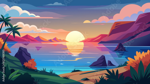 Vector art of beautiful sunset over a calm ocean, with mountains and islands, casting vibrant colors and reflections on the water and shore