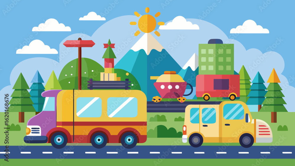 Fototapeta premium Vector art of a colorful cartoon illustration of various vehicles like cars and buses on a road with mountains, trees, and buildings in the background under a sunny sky