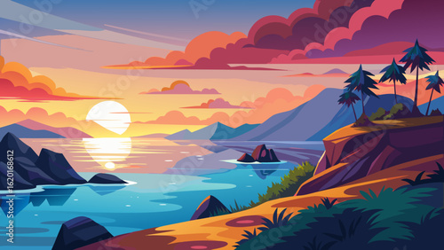 Vector art of dramatic sunset over a tropical coastline with silhouetted trees and vibrant clouds, casting reflections on the tranquil sea