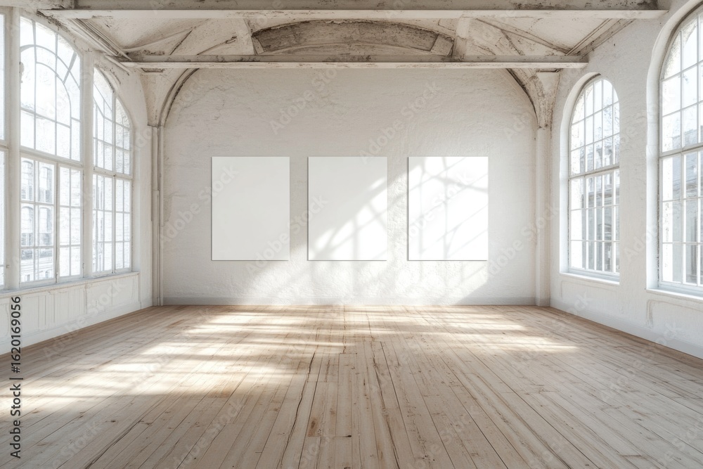 Fototapeta premium Spacious art gallery with blank canvases