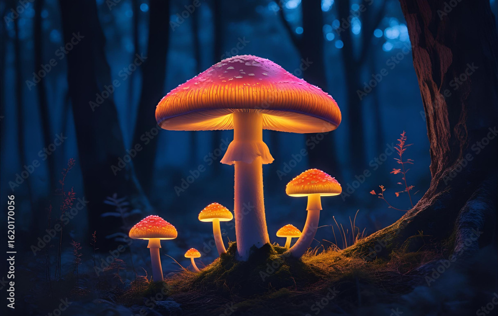 Fototapeta premium Glowing Mushroom in Enchanted Forest at Night