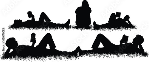 Silhouette of people reading and relaxing on grass, peaceful outdoor scene, lying down with books, calm leisure time illustration