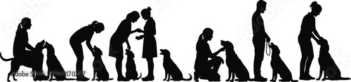 Silhouette of people training dogs, pet obedience session, sitting and standing positions, black isolated figures, dog trainer, puppy behavior control