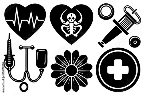 A conceptual set of graphic icons representing medicine, health, and the duality of life and death. Symbols include a heartbeat, syringe, medical cross, and skeleton.