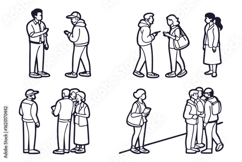 A vector illustration set of diverse people in casual attire standing in small groups. A concept of modern social interaction and technology use in public spaces.
