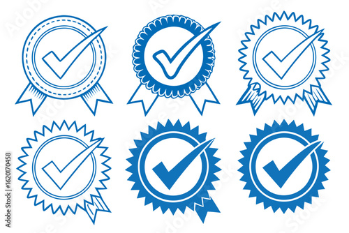 Vector illustration set of blue quality guarantee seals and certified approval badges with checkmark symbols.