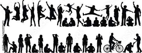 Silhouettes of children, teens, and adults in motion, jumping, sitting, biking, interacting, expressing emotions and daily human activity