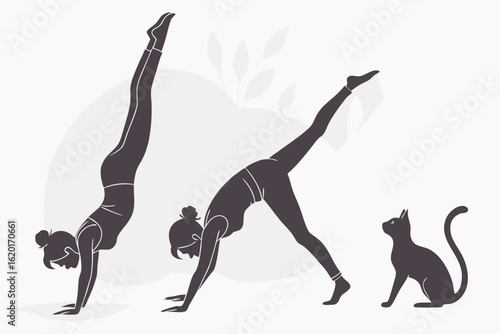 Vector silhouette of a woman in yoga poses, including a handstand and downward dog, practicing fitness at home with a cat companion.