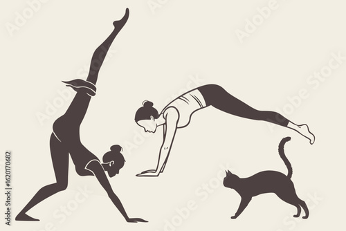 Illustration of two women practicing yoga poses with a playful cat. A concept of wellness, balance, and playful harmony at home.