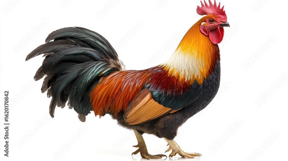 Fototapeta premium Rooster, colorful plumage, white background