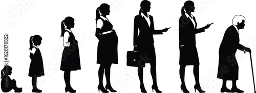 Woman life stages, female aging evolution, girl to elderly, growth process, silhouette timeline, generation transition, maternity, childhood to old age