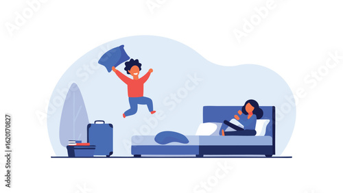 Illustration of a boy jumping with a pillow while a woman relaxes on a bed with a laptop indoors