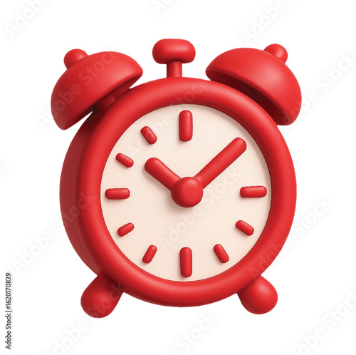 A classic red metal alarm clock with a heart, symbolizing time and love, is isolated on a clean white background