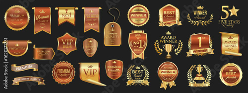 Golden luxury labels and badges gold premium quality certificate ribbons vector illustration