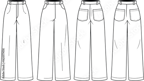 Wide leg pants flat sketches, front and back views, CAD vector drawing, fashion illustration, casual trousers, belt loops, pocket details