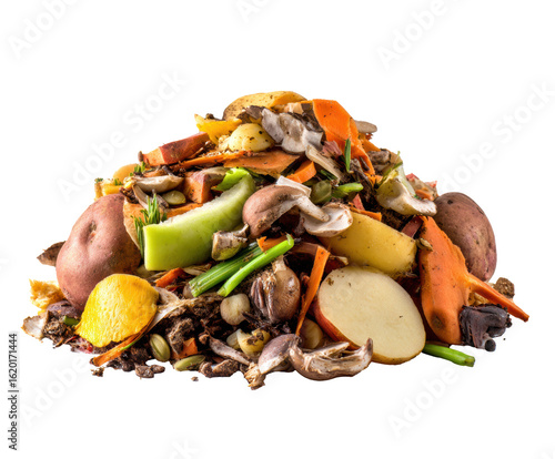 Compost heap filled with various vegetable scraps and organic waste