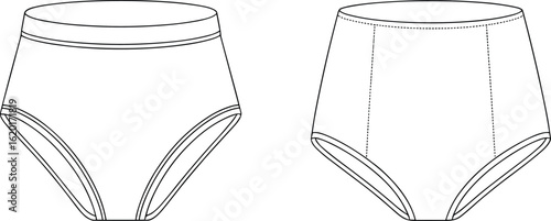 High waist underwear flat sketch, front and back view, CAD vector drawing, seamless brief design, fashion illustration, lingerie template