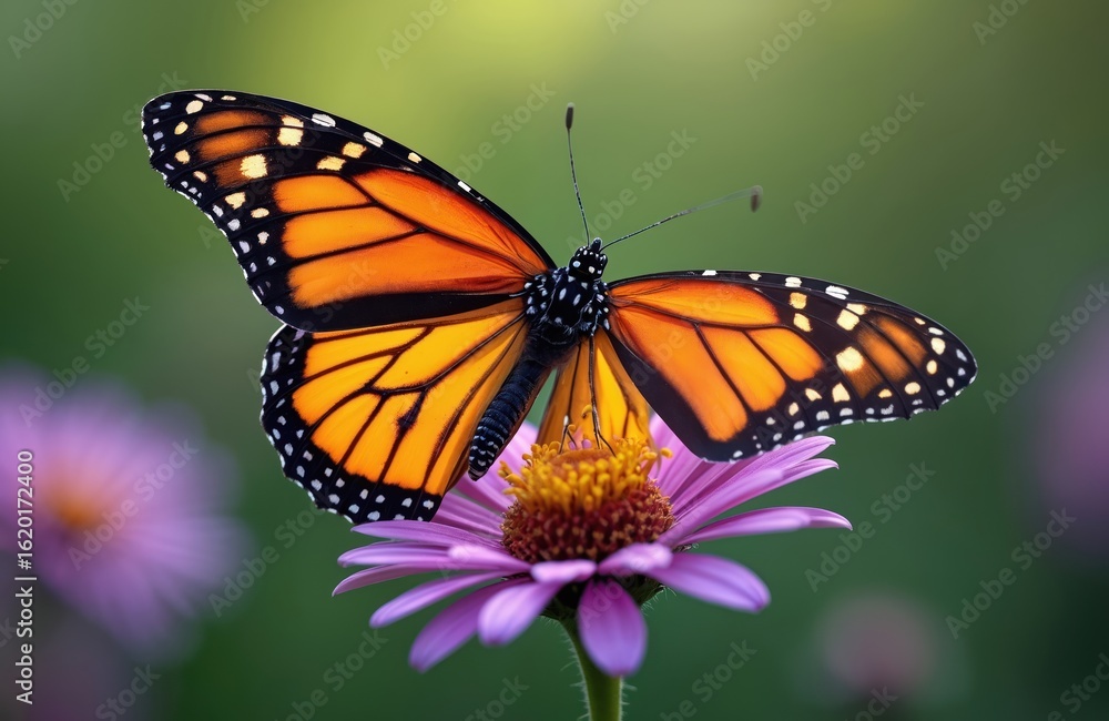 Fototapeta premium Monarch butterfly with vibrant orange, black wings rests on purple flower, intricate patterns. Macro photography highlights delicate beauty of insect in natural garden habitat during summer. Detailed